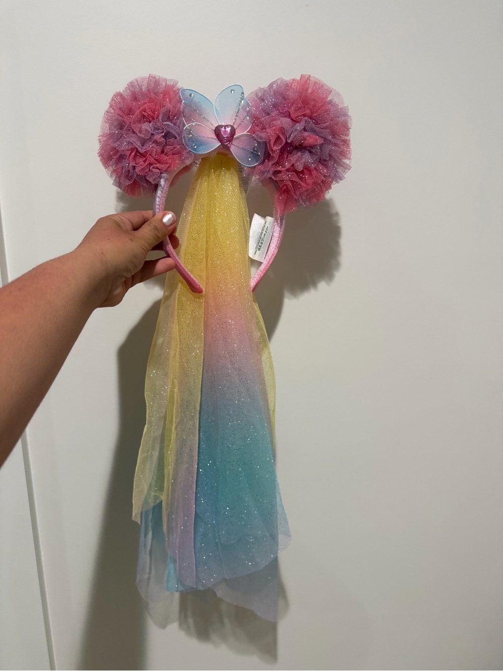 Disney fairy Pink Pom Ear Headband with Rainbow Sparkle Veil